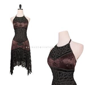 Vintage Cache Silk Midi Dress Cocktail Gown 6 Brown Lace Fairy Grunge 90sY2K